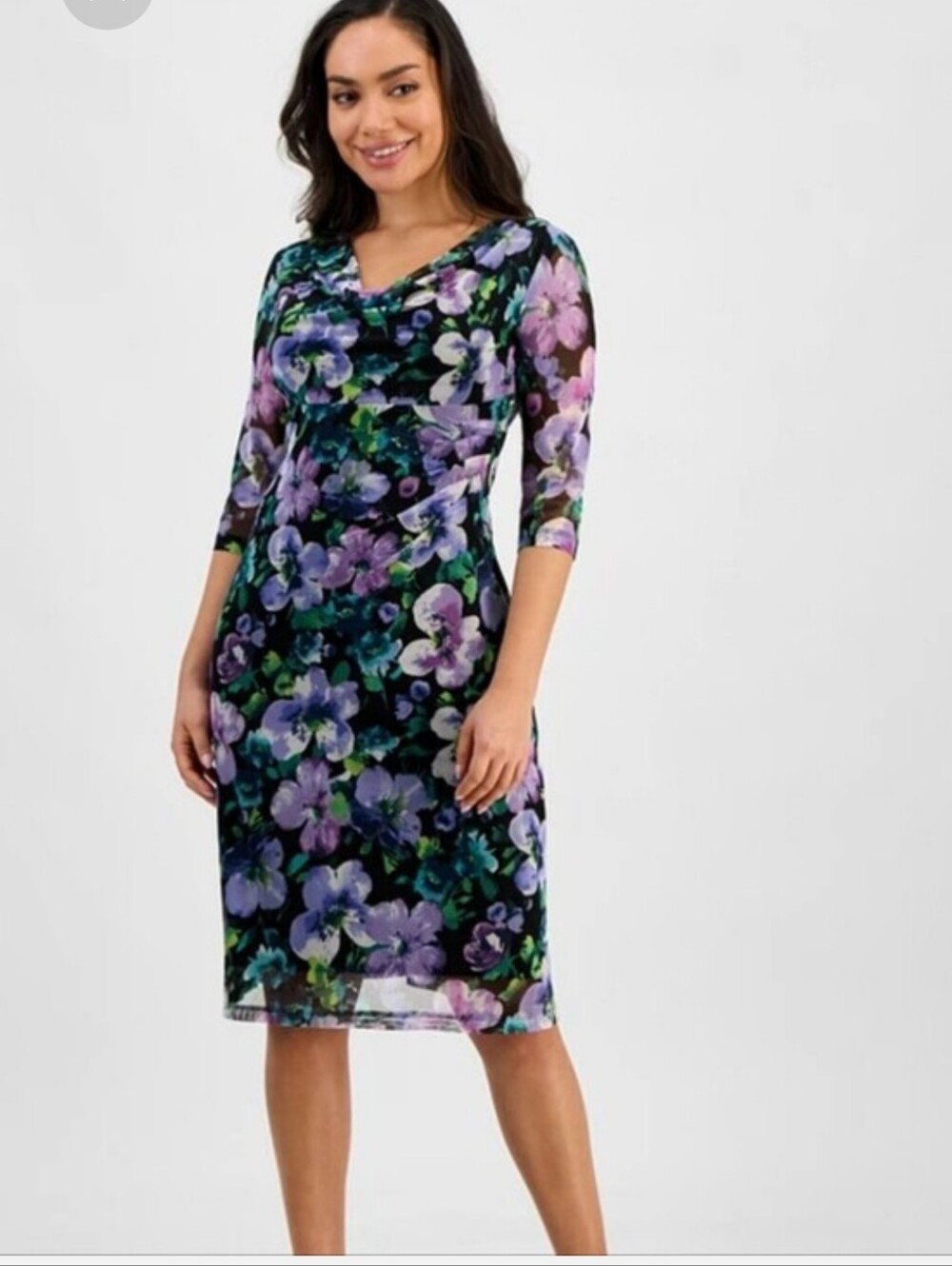 Connected Apparel 22W NWT Purple Floral Cowl Neck Midi Dress Plus Size